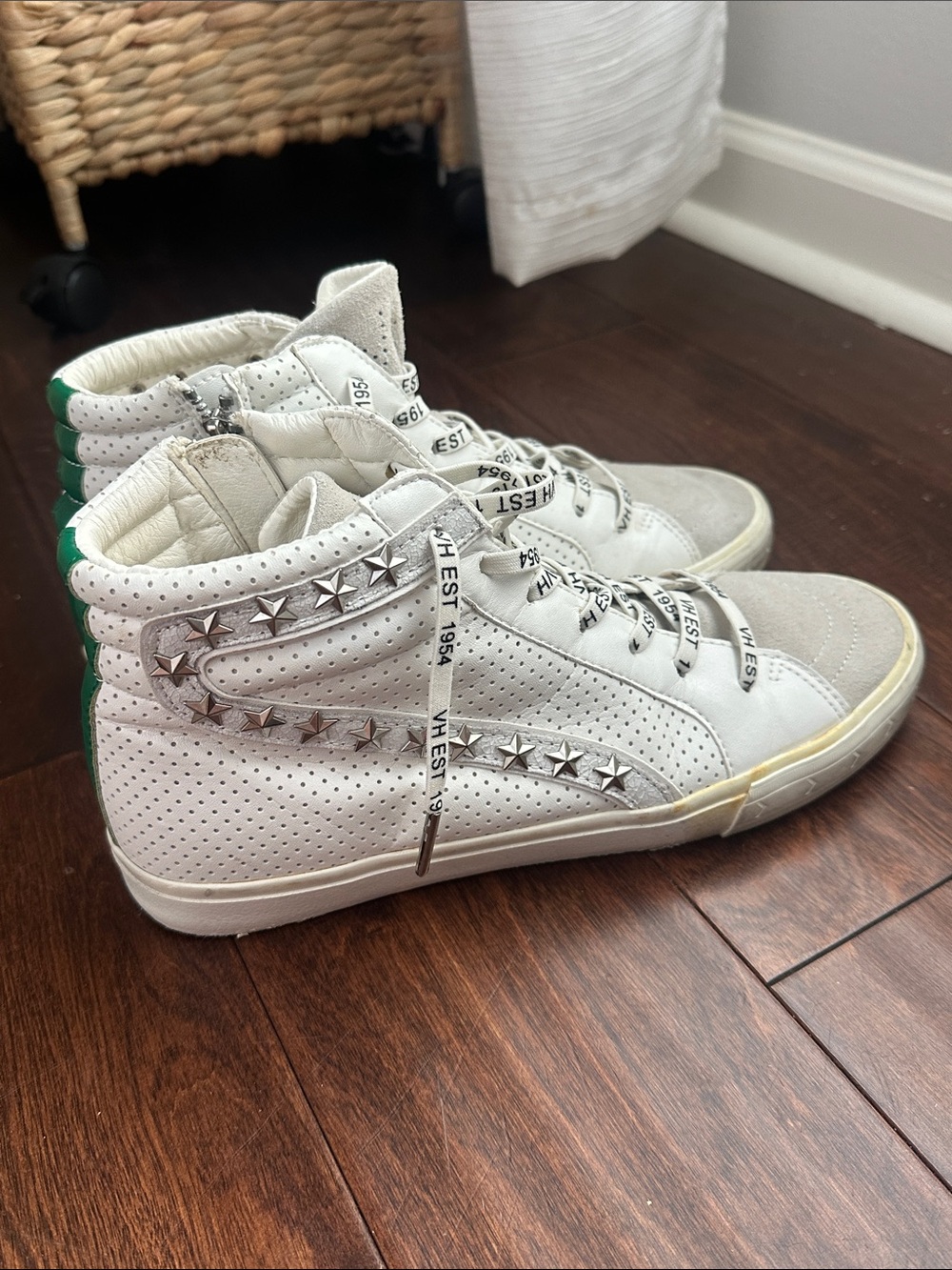 White High-Top Studded Sneakers with Green stripe